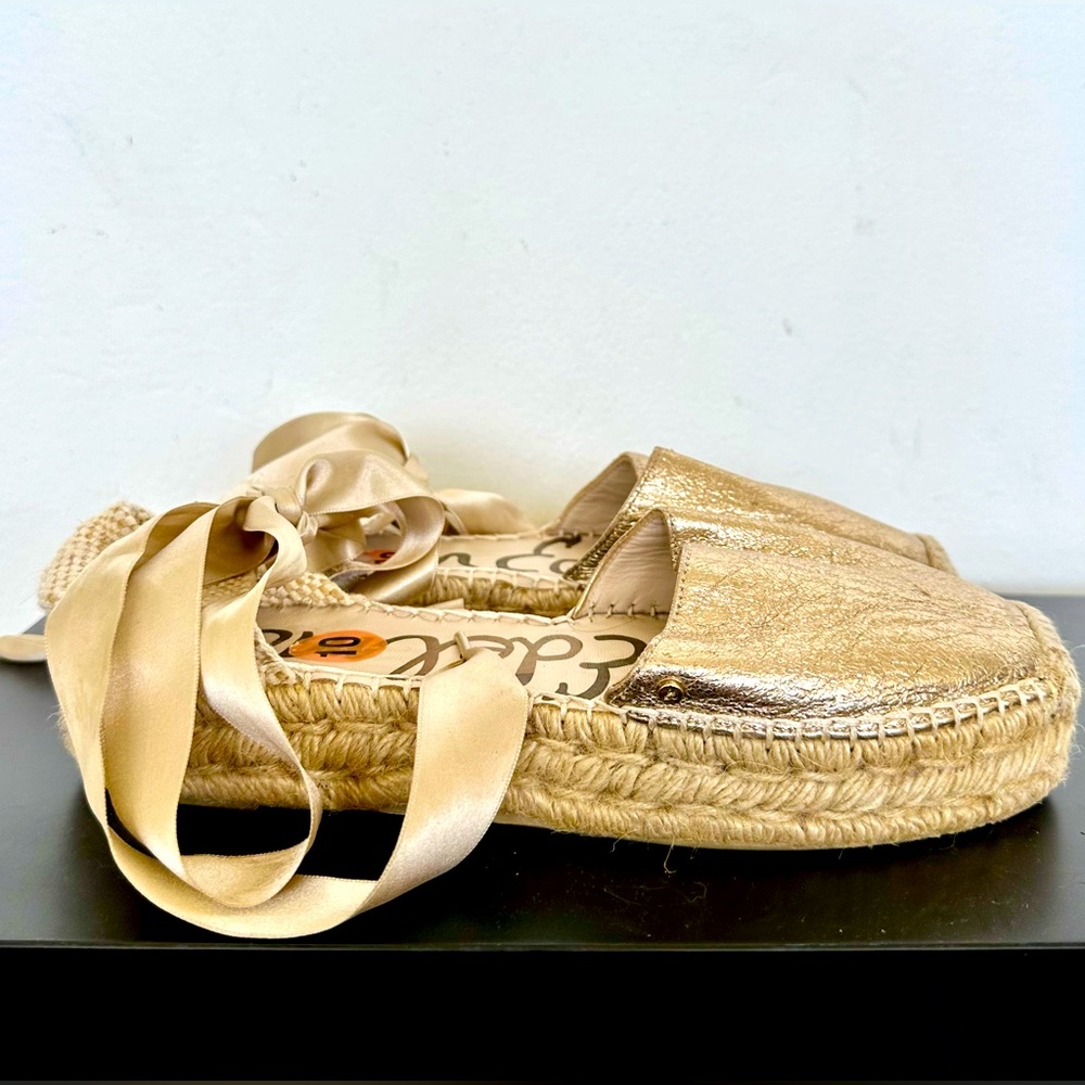 Sam Edelman Gold Espadrille Flats with Satin Ribbon